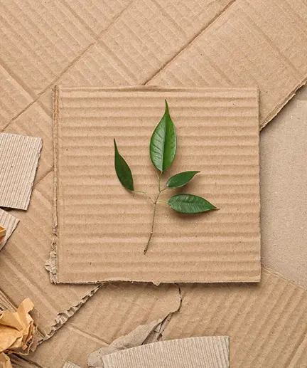 Verschiedene Pappe und Karton Stücke liegen flach am Boden. Darauf liegt ein kleiner Zweig mit vier grünen Blättern.